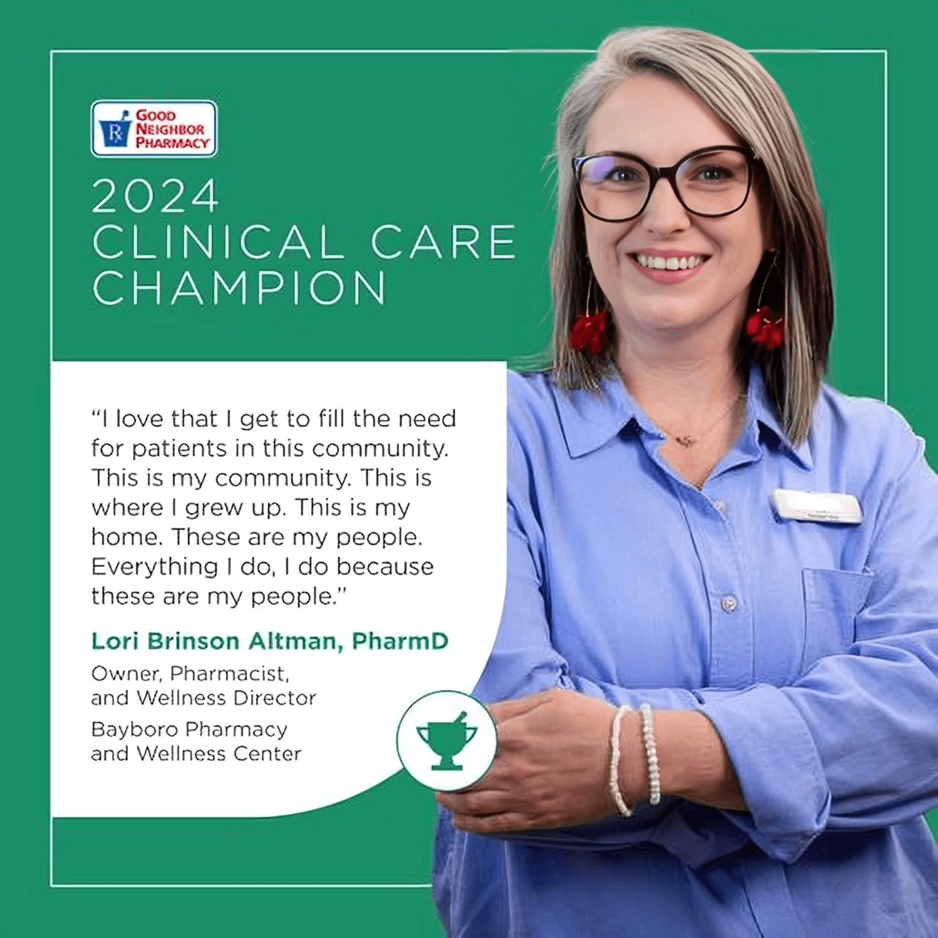 Pharmacist helping a neighbor at Bayboro Pharmacy.